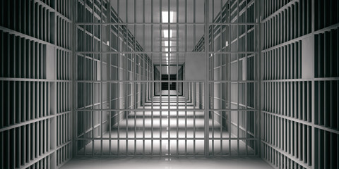 Prison interior. Jail cells, dark background. 3d illustration - obrazy, fototapety, plakaty