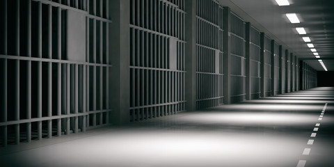 Prison interior. Jail cells, dark background. 3d illustration - obrazy, fototapety, plakaty