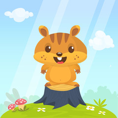 Obraz na płótnie Canvas Cute cartoon brown marmot standing on the stump in the meadow bacground. Groundhog Day isolated vector illustration.