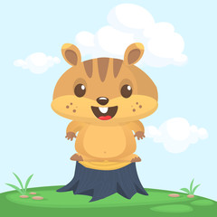 Cute cartoon brown marmot standing on the stump in the meadow bacground. Groundhog Day isolated vector illustration.