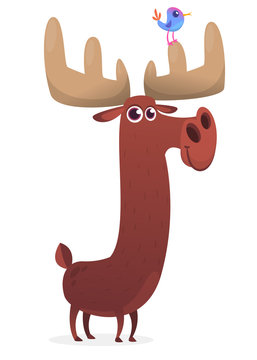 Funny cartoon moose character with a bird sitting on horn. Vector moose illustration isolated. 