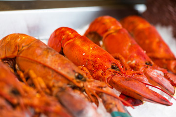 Boiled crayfish on ice .Copy space.Snack for beer