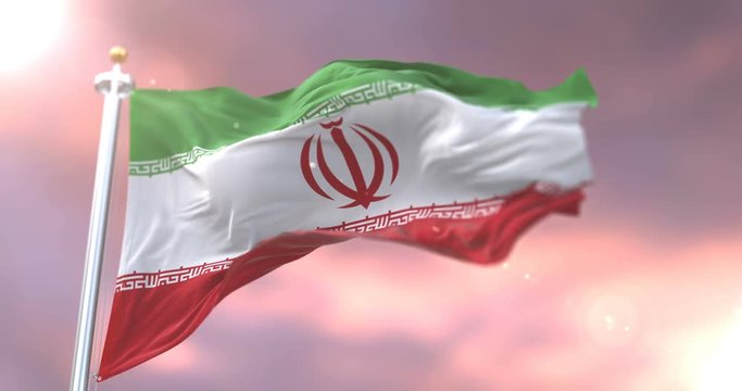 Flag of Iran waving at wind in slow at sunset, loop
