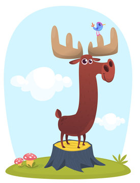 Funny cute cartoon moose character standing on the meadow background with a gras mushroom and flowers. Vector moose illustration isolated. 