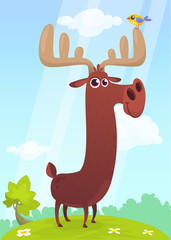 Obraz na płótnie Canvas Funny cute cartoon moose character standing on the meadow background with a gras mushroom and flowers. Vector moose illustration isolated. 