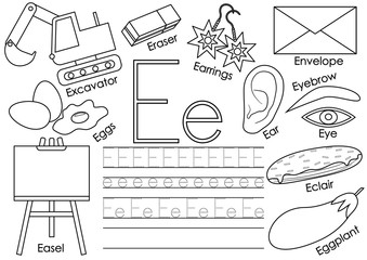 Letter E. English alphabet. Educational game for children. Writing practice. Coloring book. Vector illustration.
