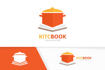 Vector pot and open book logo combination. Kitchen and bookstore symbol or icon. Unique pan and library logotype design template.