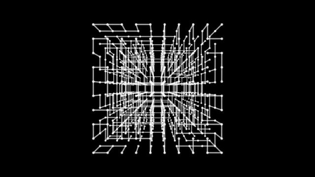 Wireframe polygonal element. 3D cube with lines and dots abstract HUD motion graphic. Available in 4K video render footage.