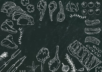 Meat Cuts Assortment - Beef, Pork, Lamb, Steak, Boneless Rump, Ribs Roast, Loin and Rib Chops. Tomato, Olives, Bell Pepper, Onion, Capers, Garlic, Herbs, Fork, Tongs. Black Board Background and Chalk.