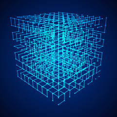 Big data visualization. HUD grid corners wireframe mesh cube. Analysis of information. Visual data infographics design. Science and technology. Connection Structure. Digital Data Vector Illustration.