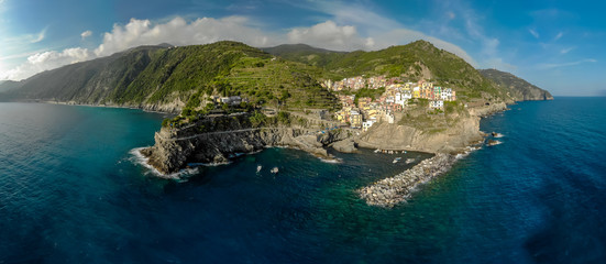 Manarola - Village of Cinque Terre National Park at Coast of Italy. Province of La Spezia, Liguria, in the north of Italy - Aerial View - Travel destination and attractions in Europe.
