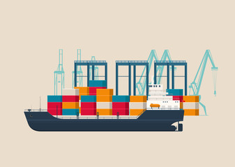 Empty cargo ship under crane bridge in the container terminal. Logistics and transportation concept. Vector illustration