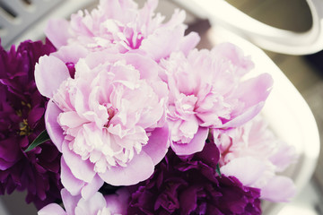 Bouquet of pink and burgundy peonies in a vase, close up