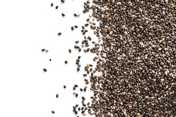 Chia seeds isolated on white background. Closeup. Top view. Chia SuperFood.  Healthy eating  concept