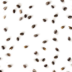 Chia Seed Pattern. Chia seeds isolated on white background. Closeup. Top view.