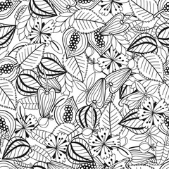 Leaves and flowers. Black and white illustration for coloring book. Seamless pattern.