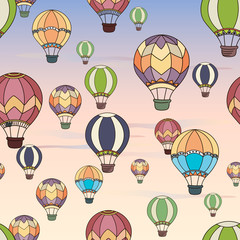 Seamless illustration. Cartoon style texture. Baloons in the sky. Symbol of dreams and freedom. 