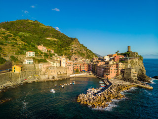 Vernazza - Village of Cinque Terre National Park at Coast of Italy. Province of La Spezia, Liguria, in the north of Italy - Aerial View - Travel destination and attractions in Europe.