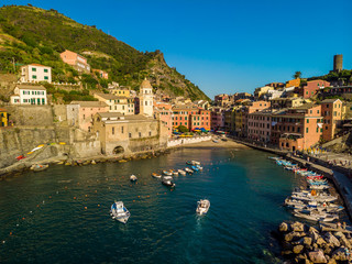 Vernazza - Village of Cinque Terre National Park at Coast of Italy. Province of La Spezia, Liguria, in the north of Italy - Aerial View - Travel destination and attractions in Europe.