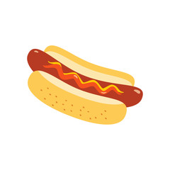 Hot dog in bun icon. Cute colorful cartoon. Cooked sausage, mustard, ketchup. Wiener frankfurther American food symbol. National holiday celebration advertisement background. Vector illustration