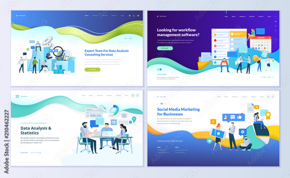 Wall mural set of web page design templates for data analysis, management app, consulting, social media marketi