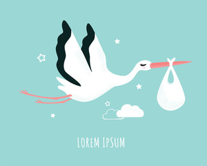 Vector illustration of a stork carrying a baby in a bag - obrazy, fototapety, plakaty