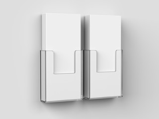 Acrylic Wall Mount Brochure Holder With Blank White Brochures. 3d render illustration.