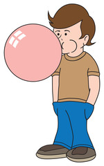 A young boy is blowing a huge gum bubble