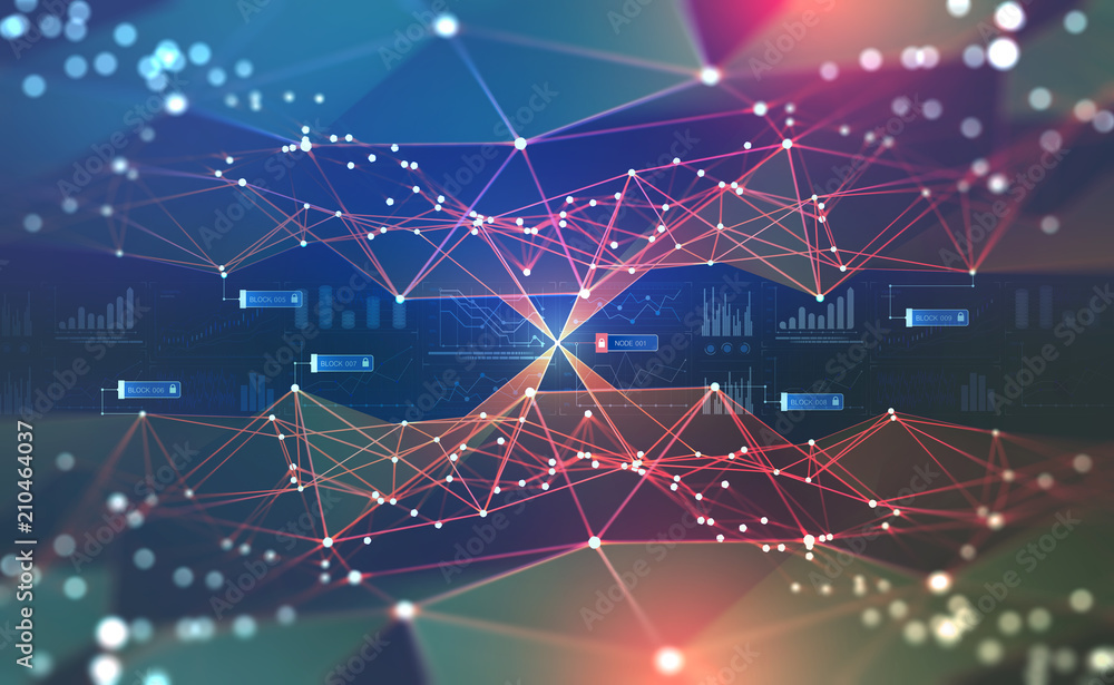 Aufkleber Global network. Blockchain 3D illustration. Neural networks and artificial intelligence. Concept of cyberspace. Abstract technological background with binary code elements