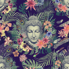 Seamless hand drawn watercolor pattern with buddha head, flowers, leaves, feathers, flowers.
