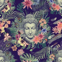 Foto op Canvas Seamless hand drawn watercolor pattern with buddha head, flowers, leaves, feathers, flowers. © PurpleSkyDesign