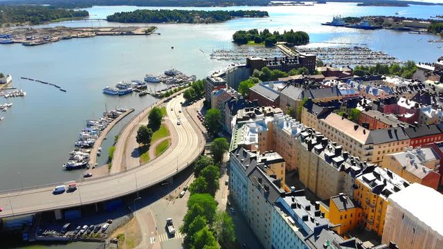 Helsinki Finland, scenic aerial view of Siltasaari and Kruununhaka neighborhoods.
