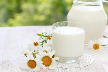 Fresh milk in glass on natural background