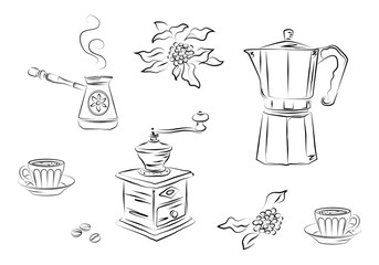 Black graphic drawing coffee symbols – mill, coffee machine - geyser, pot, beans, leaves, cups. Vector illustration, isolated on background, for design.