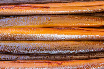 prepared and smoked eels closeup