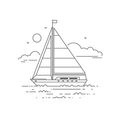 Line drawing of a sailing yacht floating on the waves of the sea on a light background. Side view. Flat style.