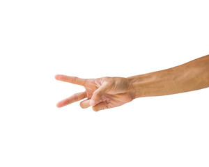 Clipping path hand gestures isolated on white background. Hand making number two sign or symbol...
