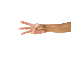 Clipping path hand gestures isolated on white background. Hand making number three sign or symbol gesture. Front hand gesture.