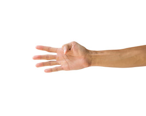 Clipping path hand gestures isolated on white background. Hand making number four sign or symbol gesture. Front hand gesture.