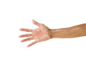 Clipping path hand gestures isolated on white background. Hand making number five sign or symbol gesture. Front hand hold gesture.