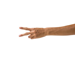 Clipping path hand gestures isolated on white background. Hand making number two sign or symbol...