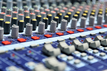 Close up of music mix console at music studio