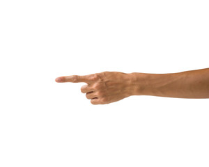 Clipping path hand gestures isolated on white background. Hand making number one sign or symbol gesture. Back hand pointing gesture.