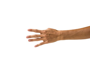 Clipping path hand gestures isolated on white background. Hand making number five sign or symbol gesture. Back hand gesture.