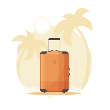Suitcase for traveling on background of palm trees. Luggage for travelers. Vector illustration.