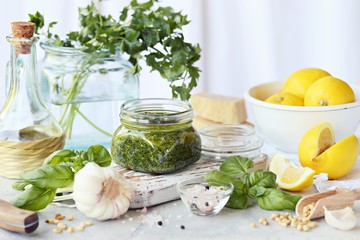 
    Pesto.Traditional italian homemade pesto dip. Selective focus 