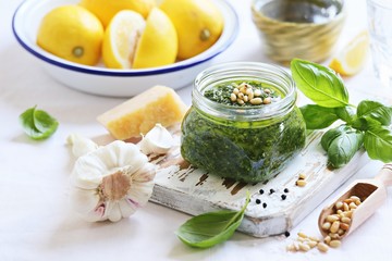 
    Pesto.Traditional italian homemade pesto dip. Selective focus 
