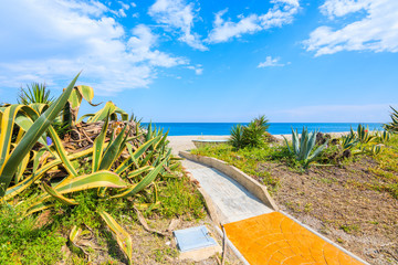 Path to beautiful beach with tropical plants in small coastal village near Marbella on Costa de Sol, Spain