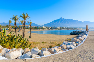 View of beautiful beach with palm trees in Marbella near Puerto Banus marina, Costa del Sol, Spain