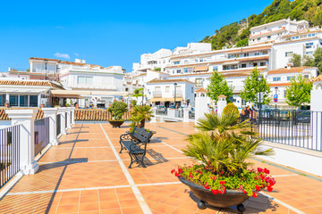 Terrace with white houses in picturesque village of Mijas, Andalusia, Spain - obrazy, fototapety, plakaty